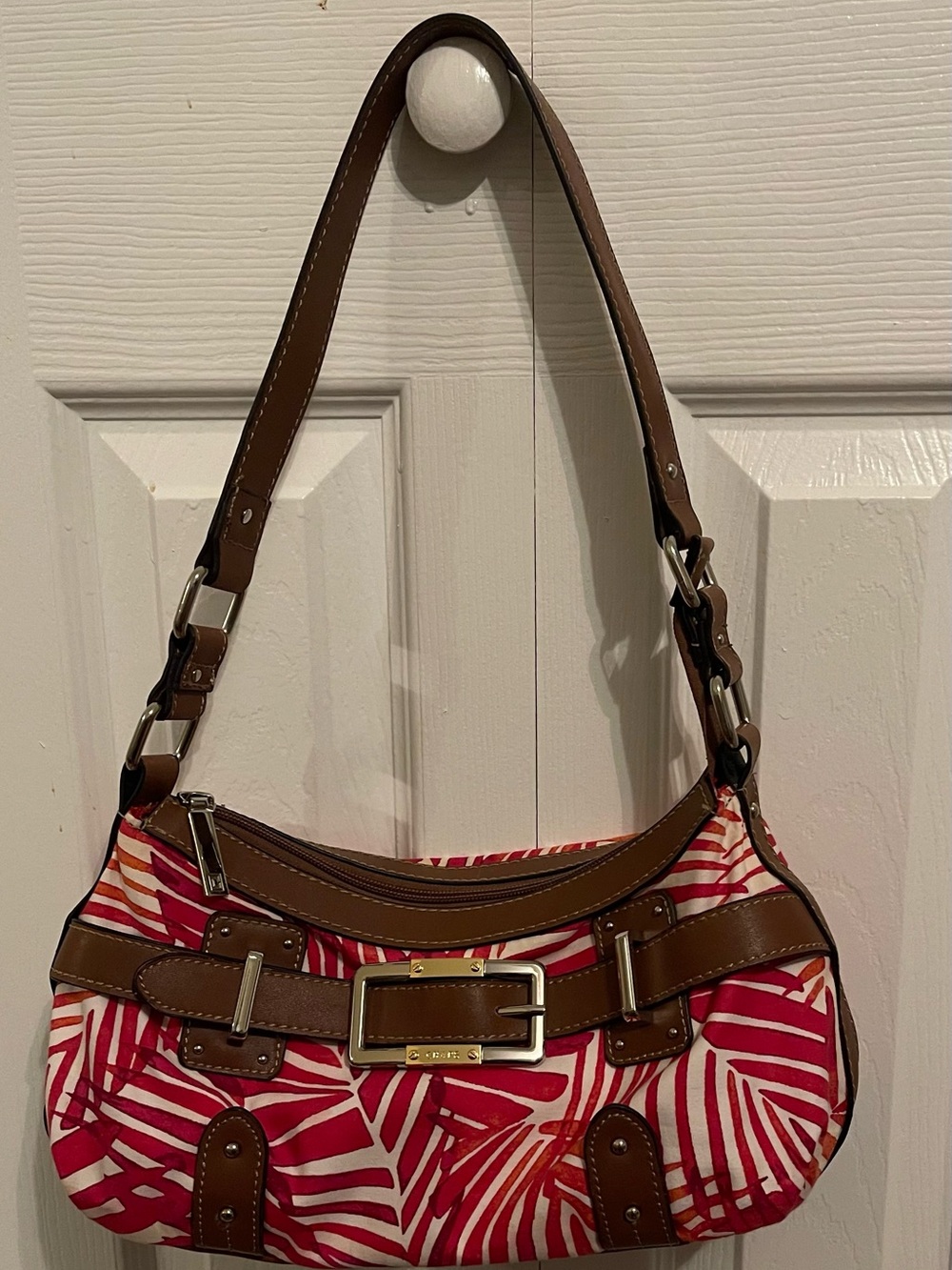 Chaps Red and Brown Leaf-Print Shoulder Bag with Buckle Trim